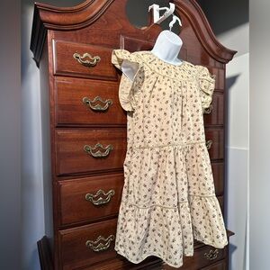 Storia Beige Floral Midi Dress with Ruffle Detail